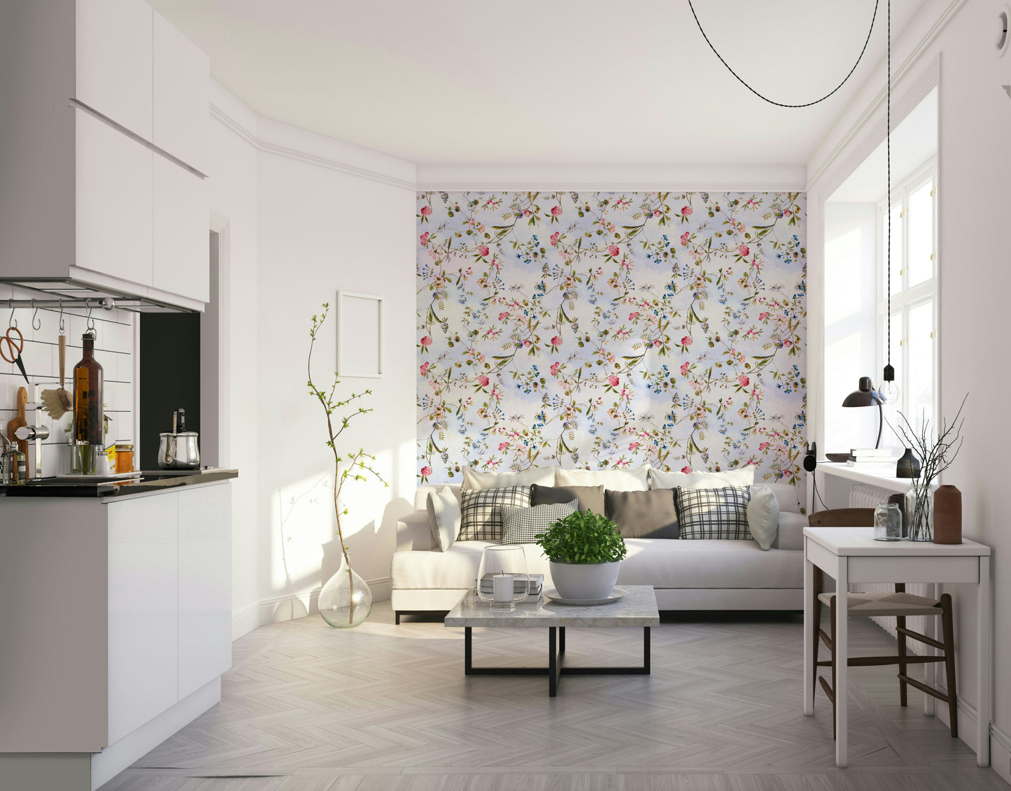 Botanical mural with bright florals and painterly textures.

