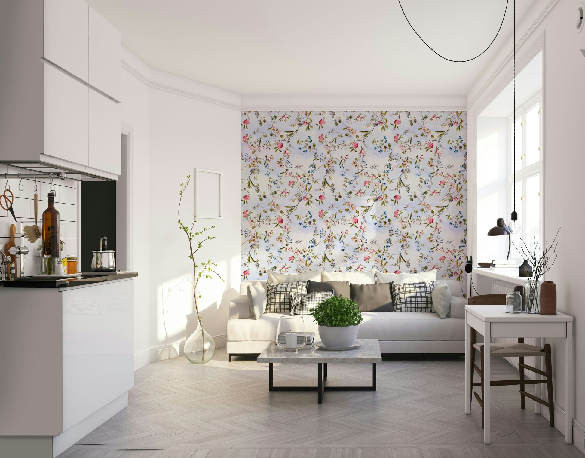 Botanical mural with bright florals and painterly textures.

