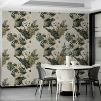 Nature-meets-geometry wallpaper in muted tones

