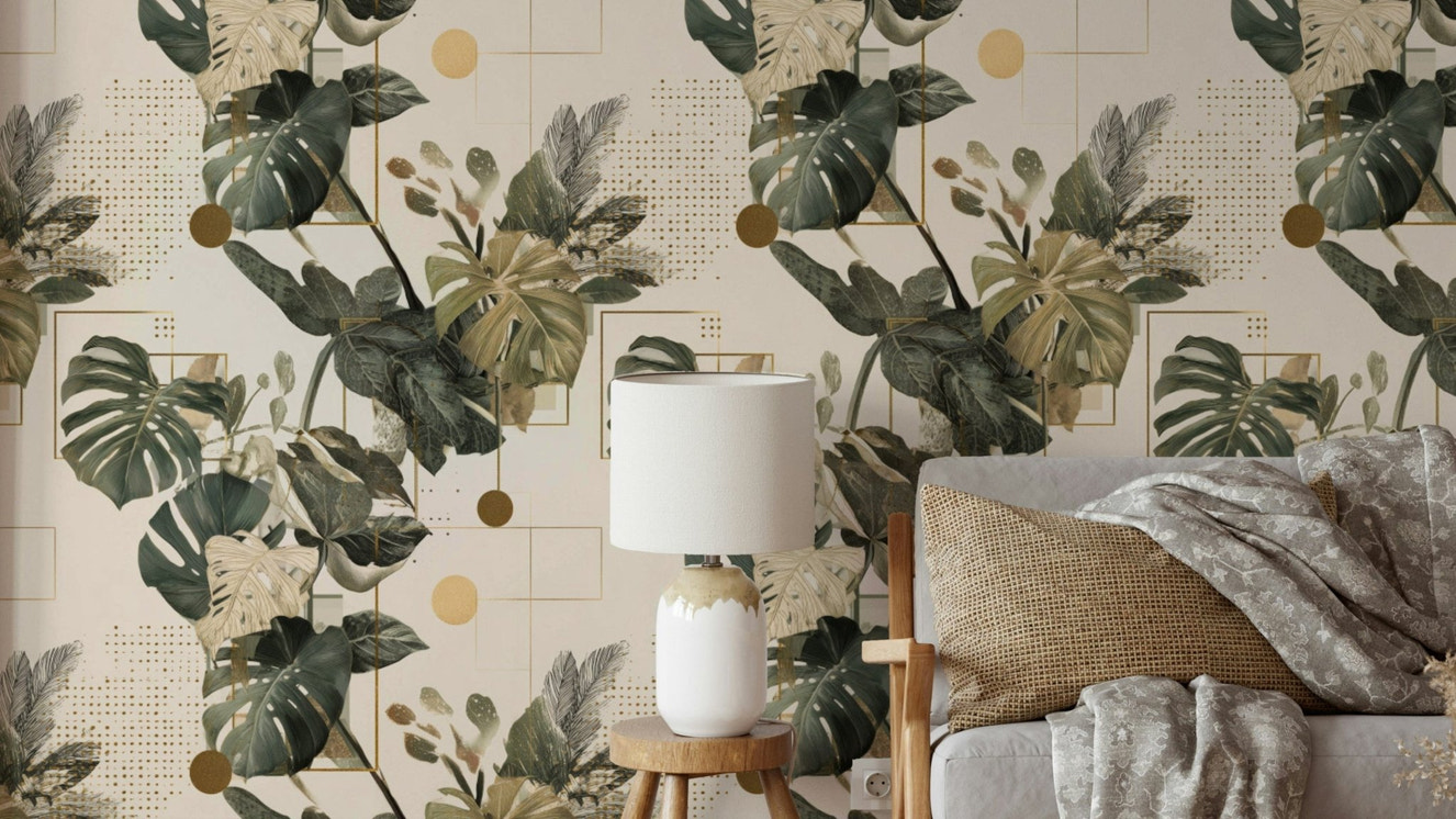 Botanical Geometry Wallpaper with leaf and line motifs

