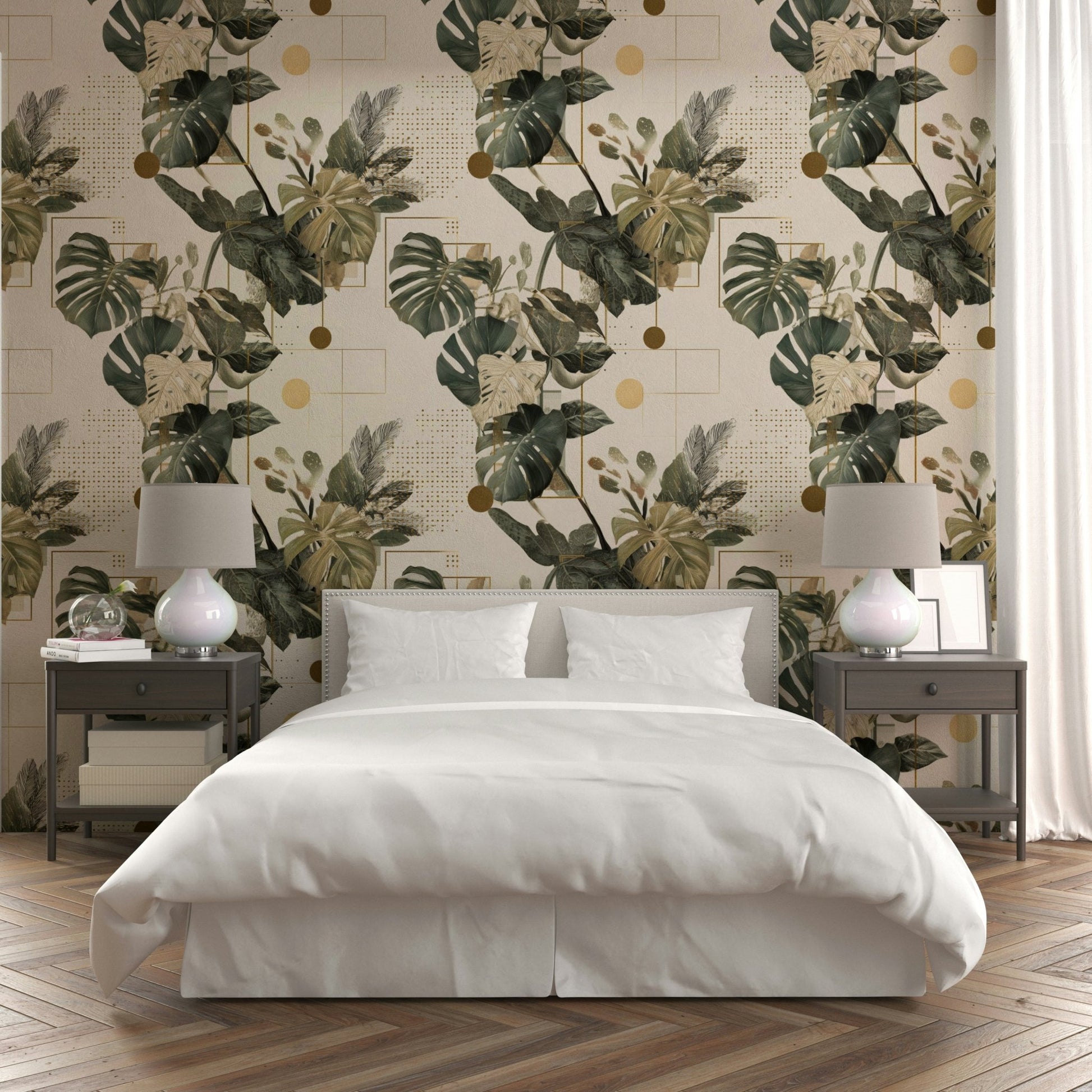 Linear design overlaying tropical leaves in wallpaper

