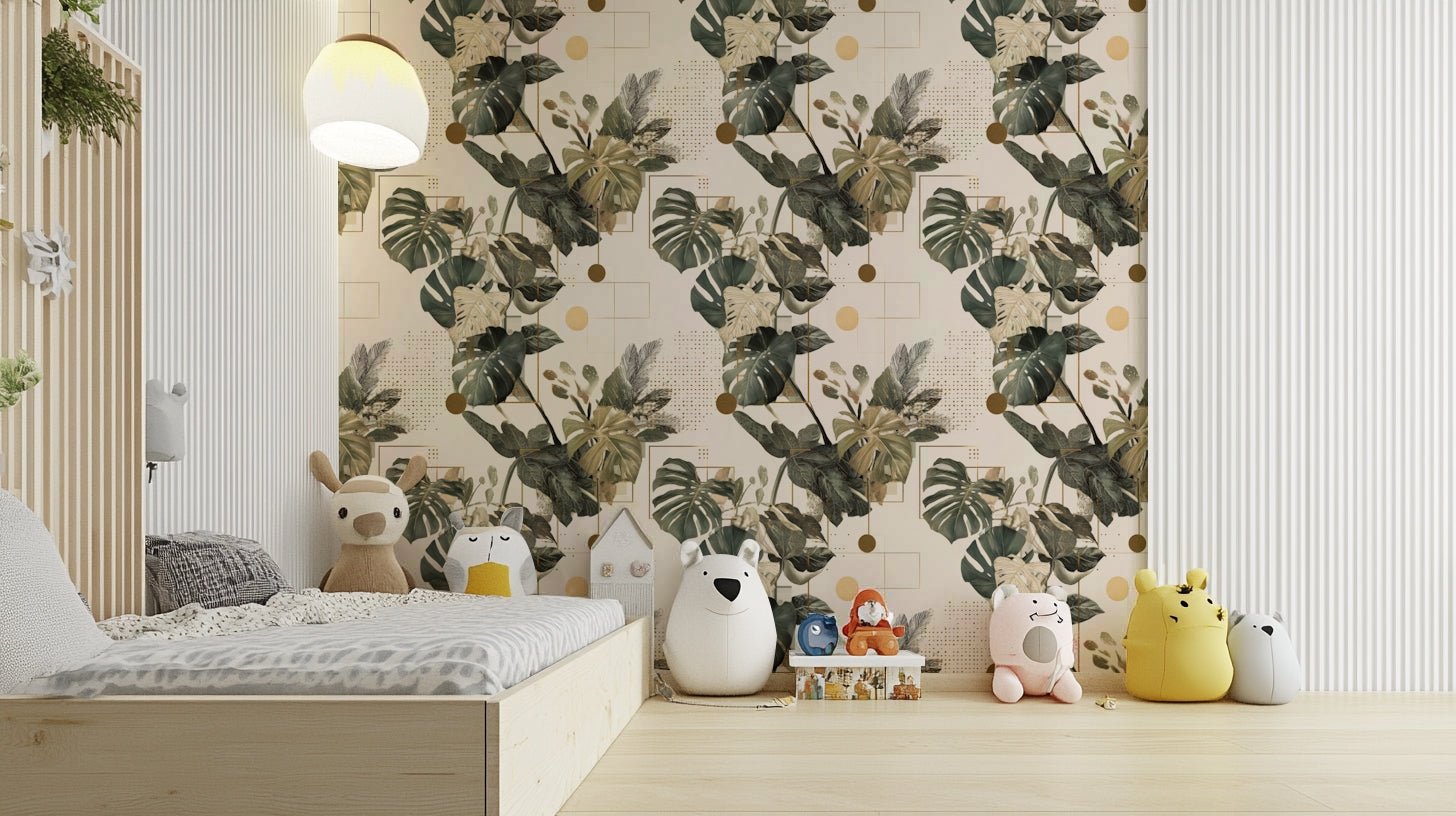 Stylish dining room with abstract botanical wallpaper

