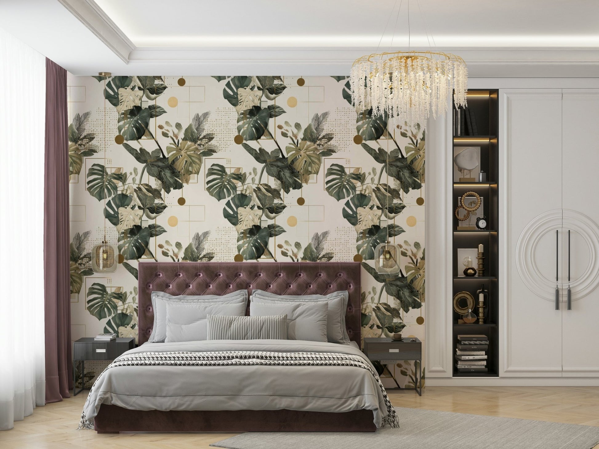 Geometric wallpaper featuring botanical elements

