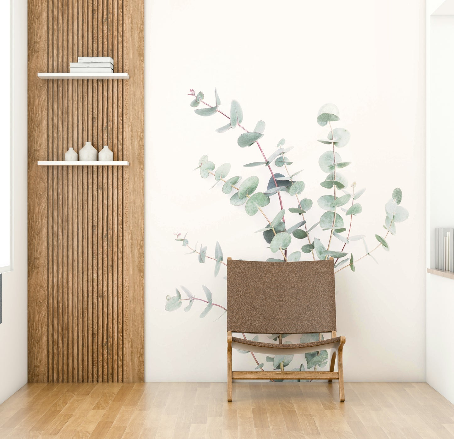 Elegant leaf wallpaper in beige and white tones

