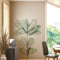 Bedroom with light botanical mural wallpaper

