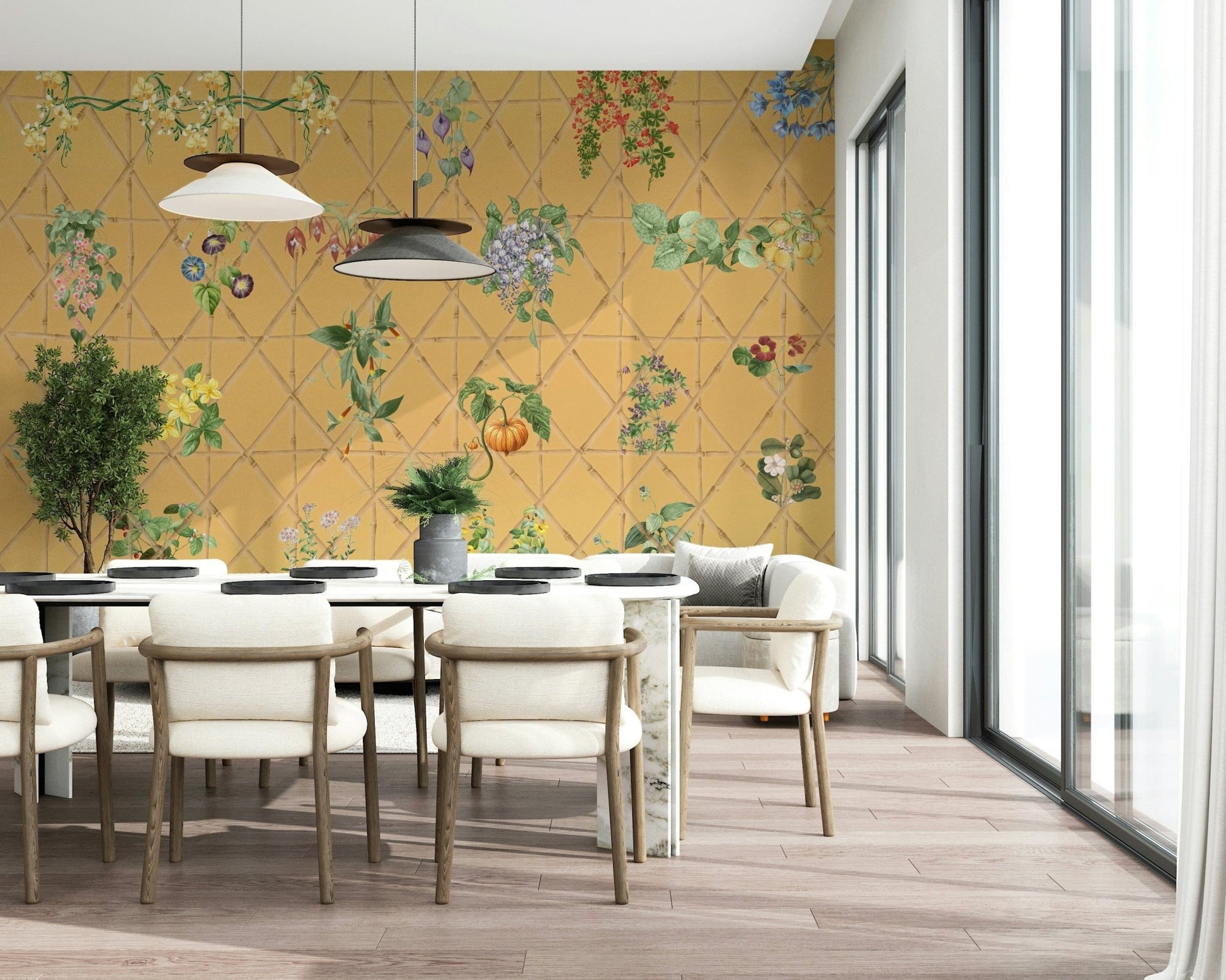 Reading corner wall with leafy lattice wallpaper, soft colours and tidy pattern
