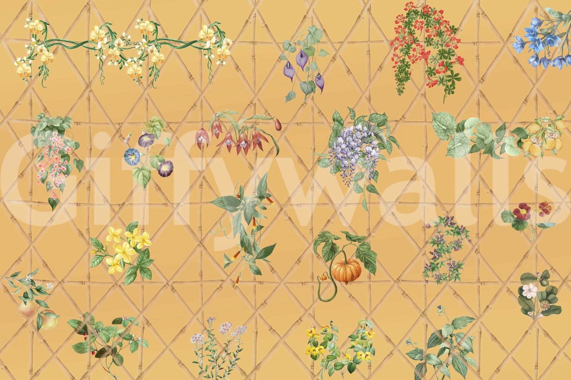 Reception wall with Botanical Lattice mural, modern home styling and nature theme