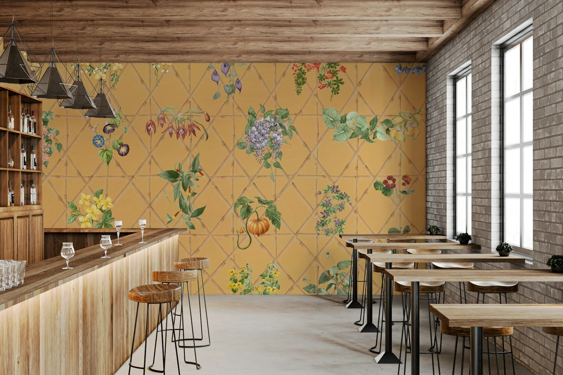 Entryway feature wall with lattice botanical wallpaper, clean structure and greenery detail