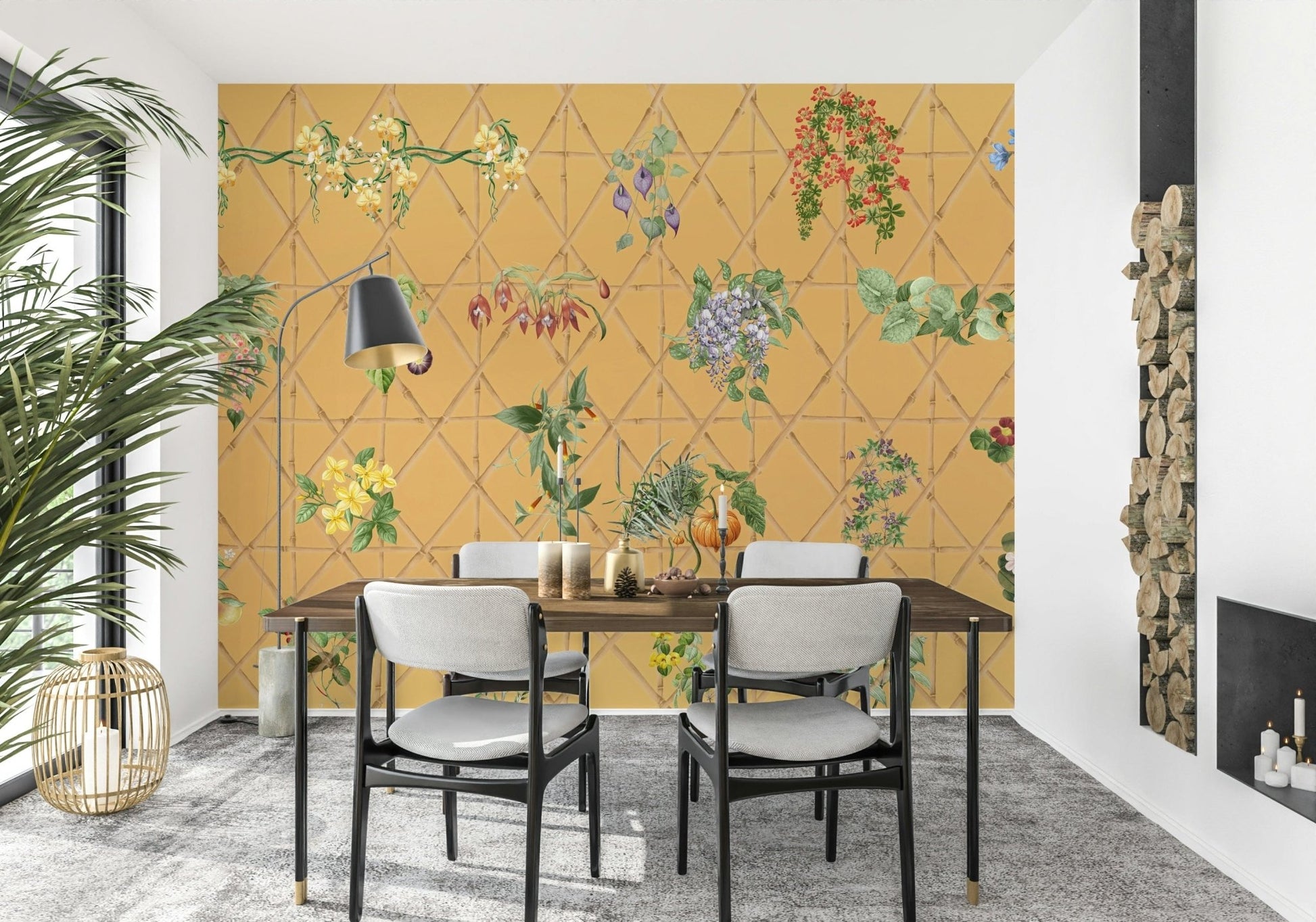 Bedroom feature wall with Botanical Lattice mural, structured pattern and calm colours
