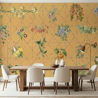 TV wall with Botanical Lattice Wall Mural, orderly pattern and soft green colour palette