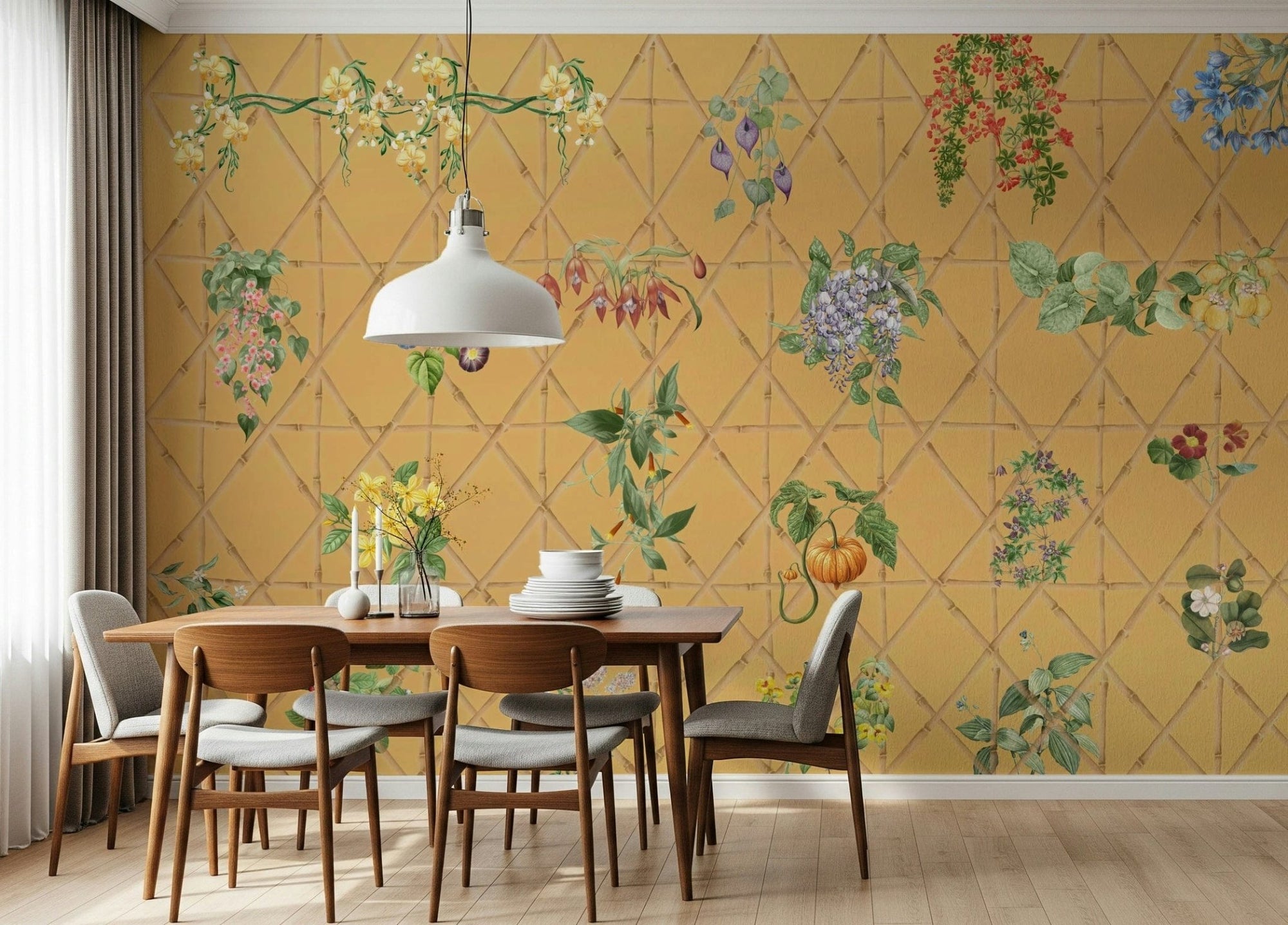 Botanical Lattice Wall Mural in living space, leafy lattice design for modern home styling