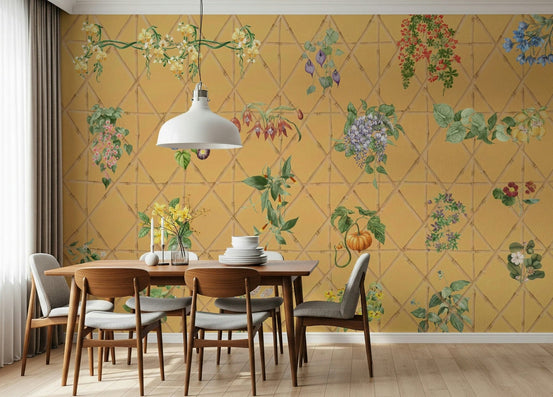 Botanical Lattice Wall Mural in living space, leafy lattice design for modern home styling