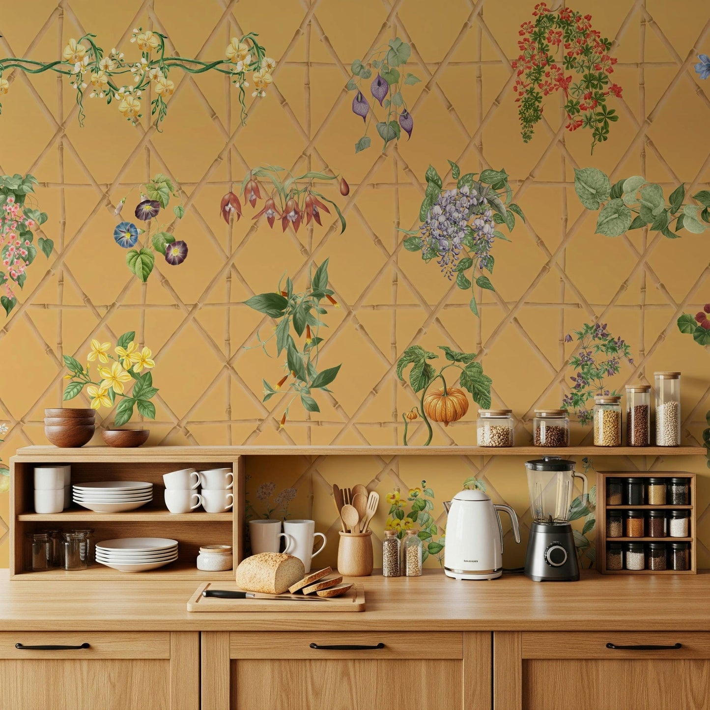 Botanical lattice wallpaper behind sofa, soft green colours and clean home styling