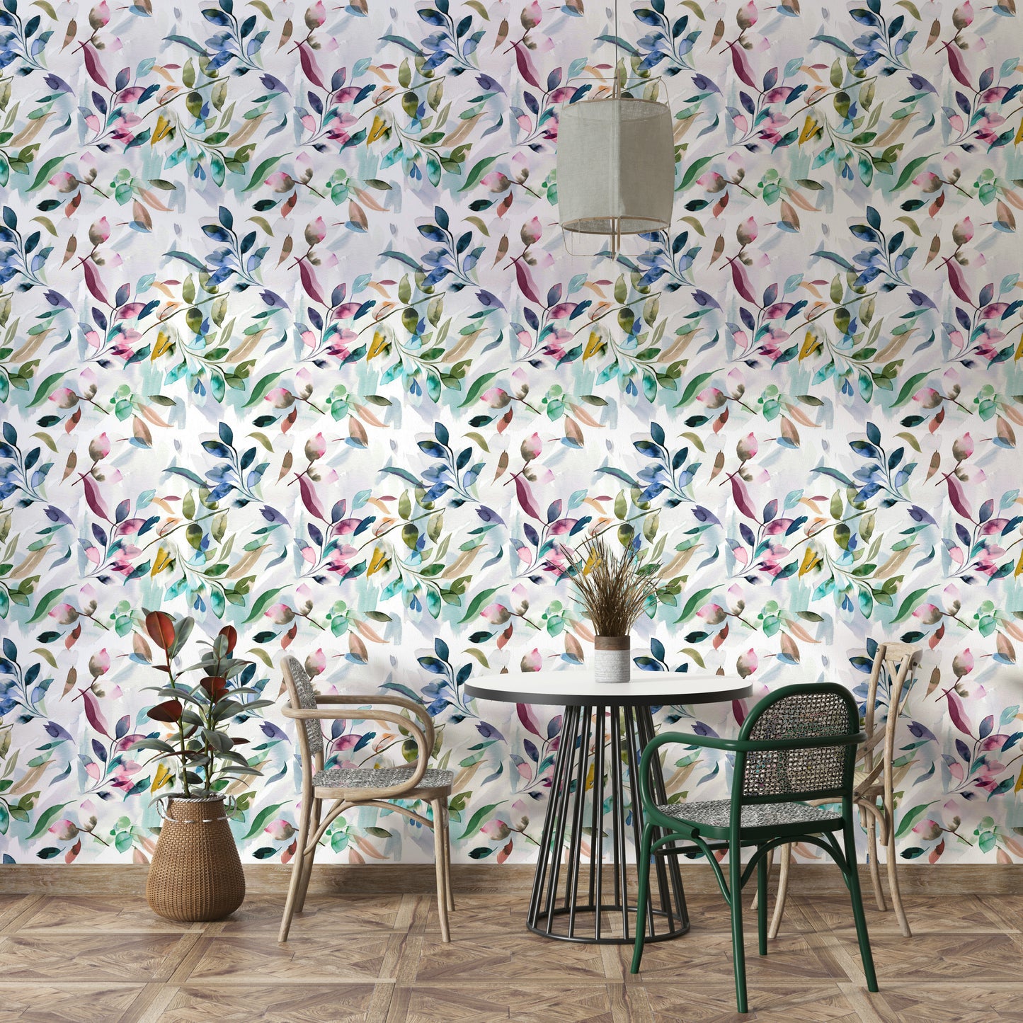 Botanical greenery wallpaper in soft watercolor

