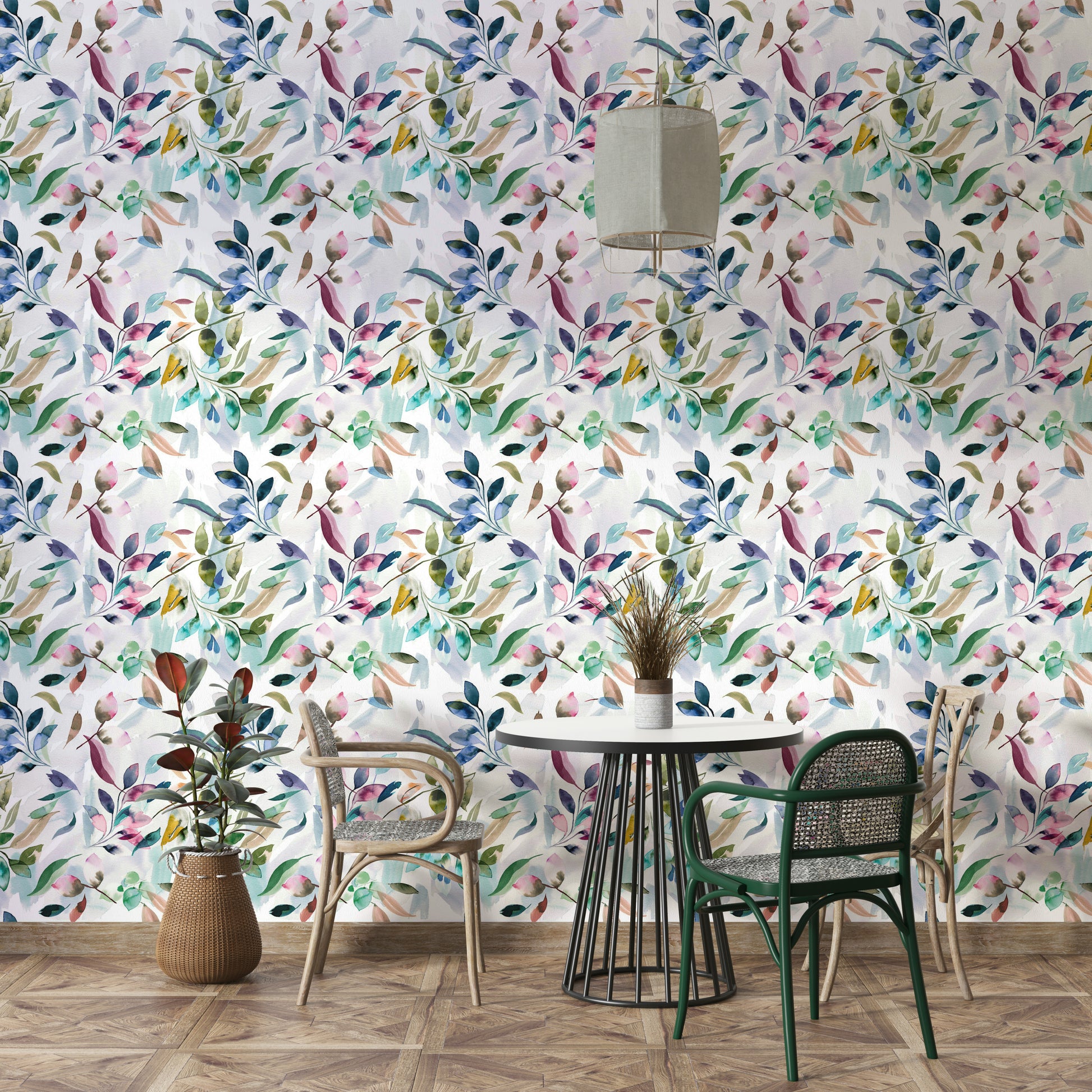 Botanical greenery wallpaper in soft watercolor

