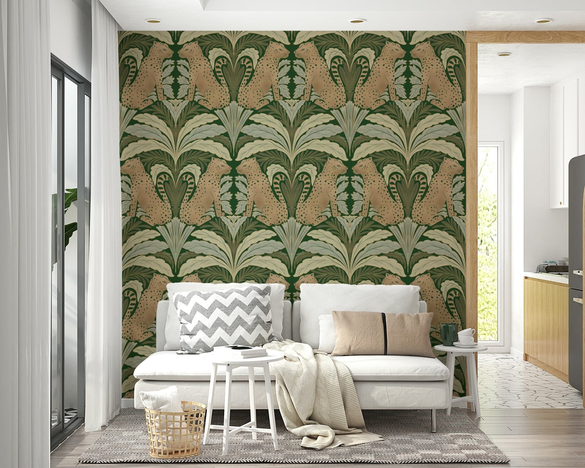 Mirrored leopard wallpaper with tropical leaves

