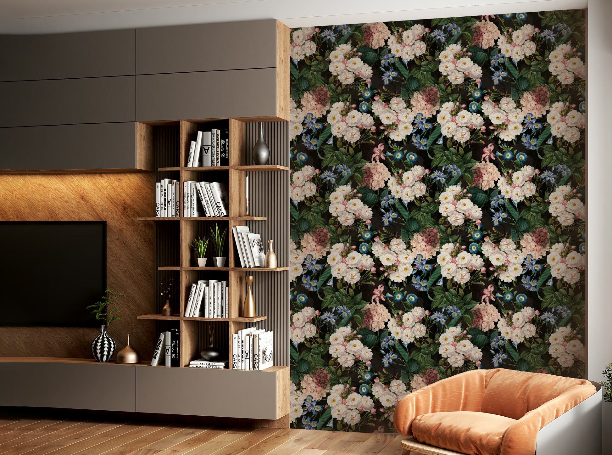 Botanical night garden mural behind the bed

