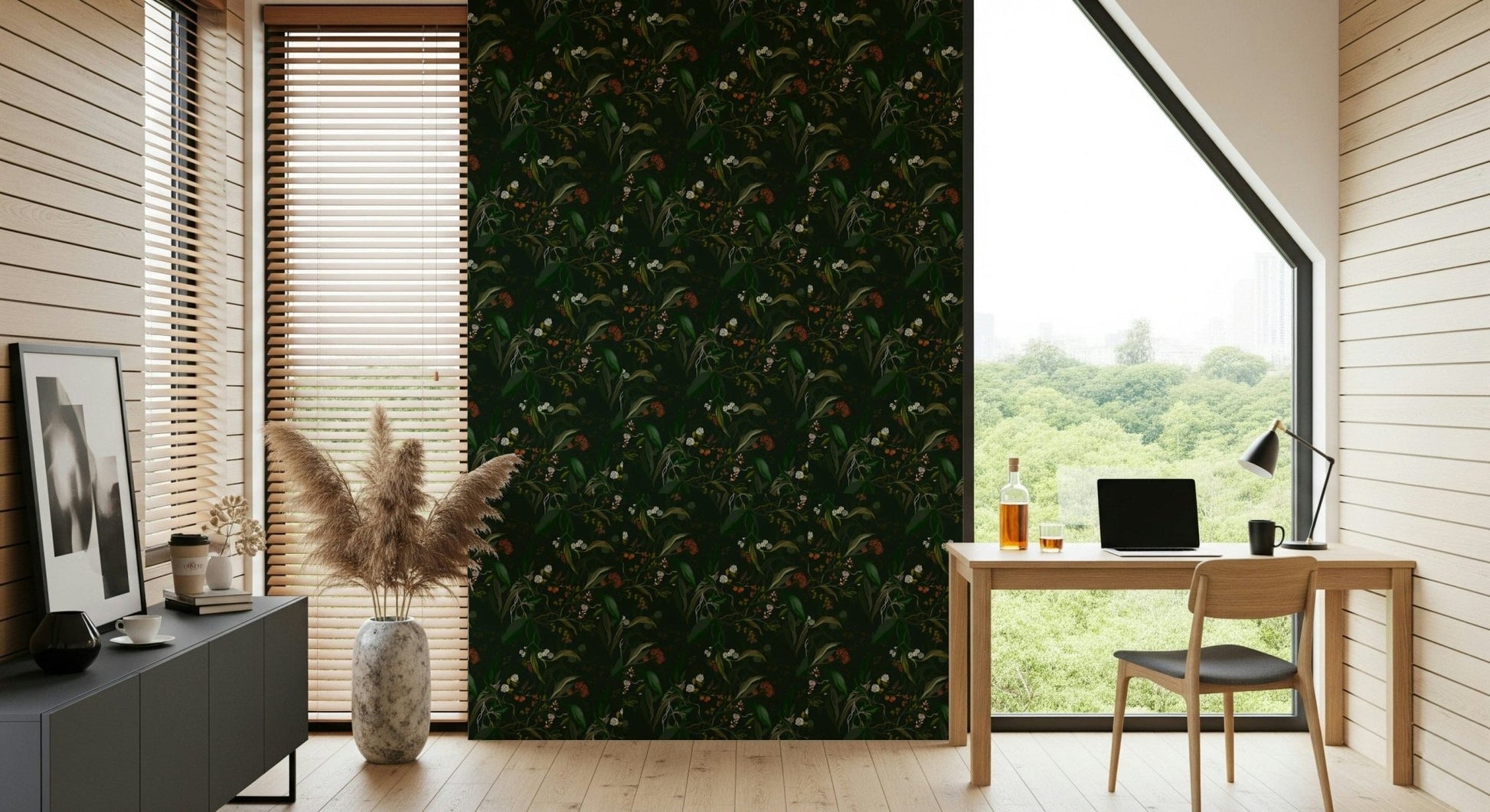 Botanical Nightfall design with rich navy and charcoal tones surrounding delicate leaves.