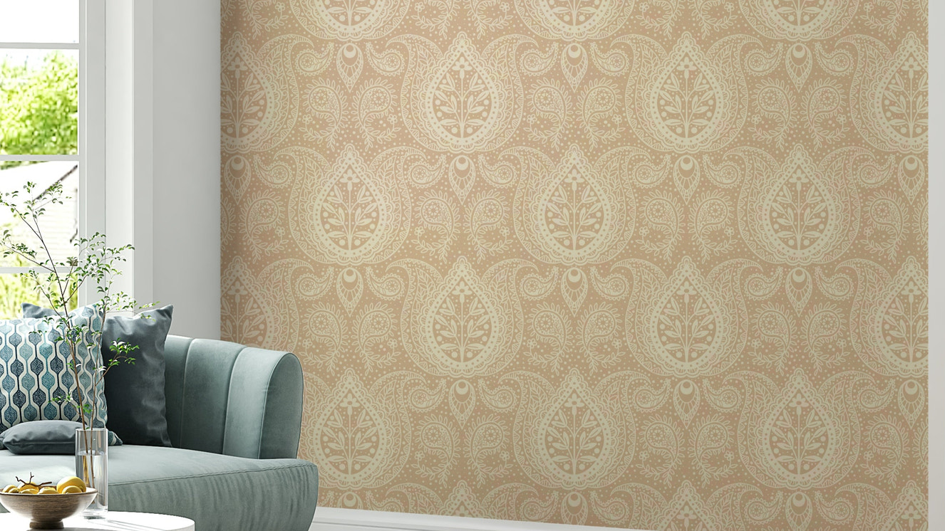Beige paisley wallpaper with subtle botanical patterns

