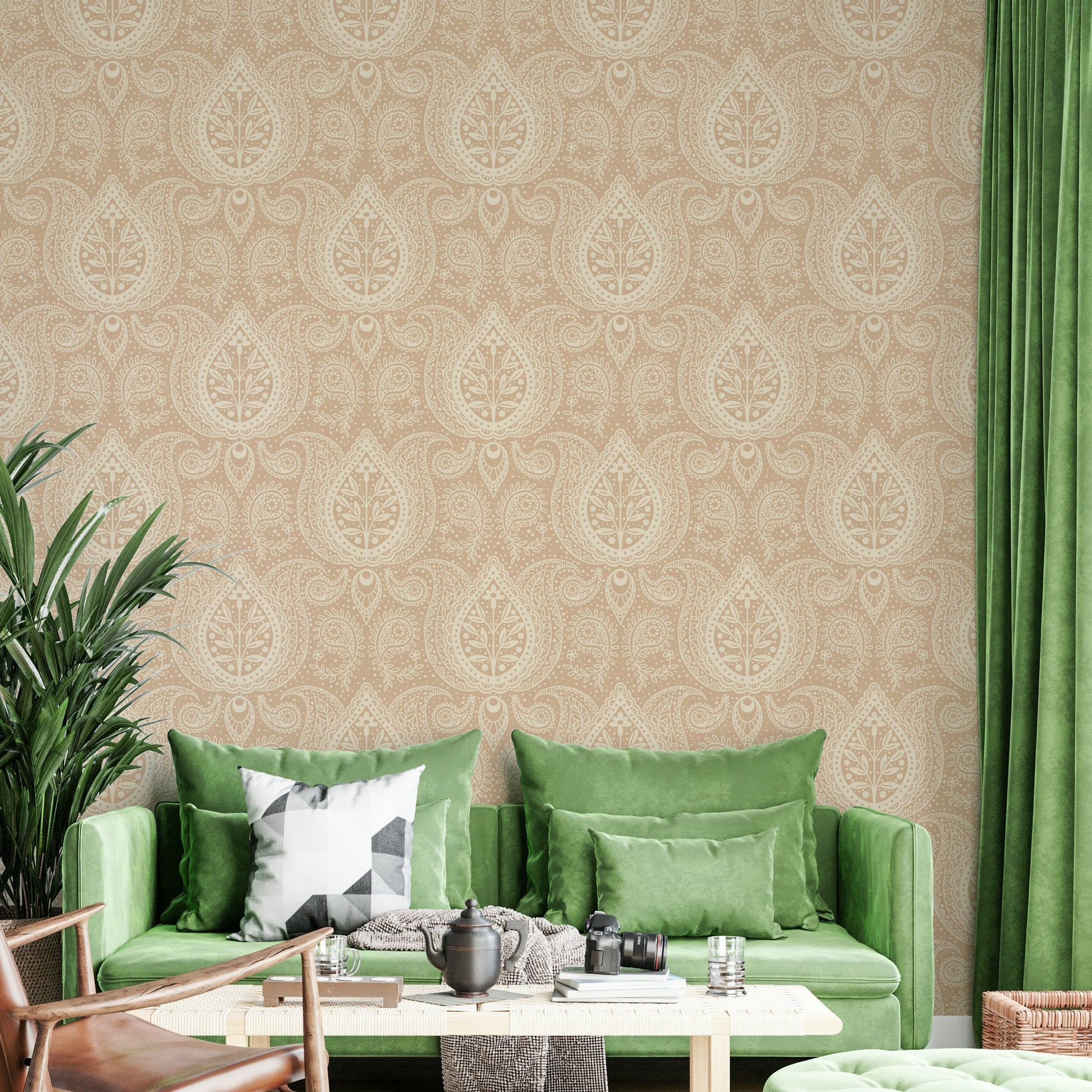 Subtle beige wallpaper with floral paisley motifs

