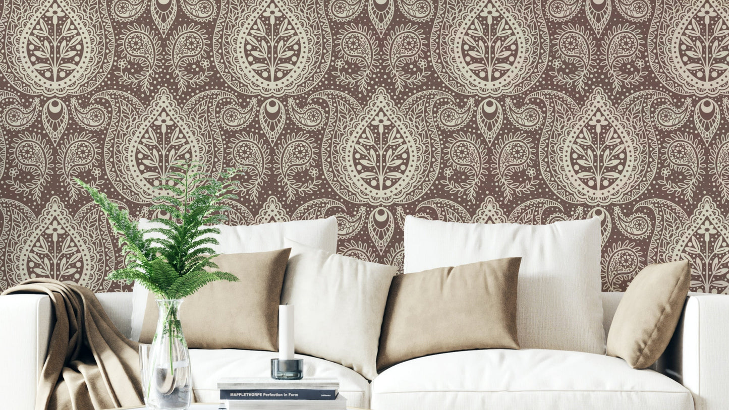 Mocha brown wallpaper with paisley patterns

