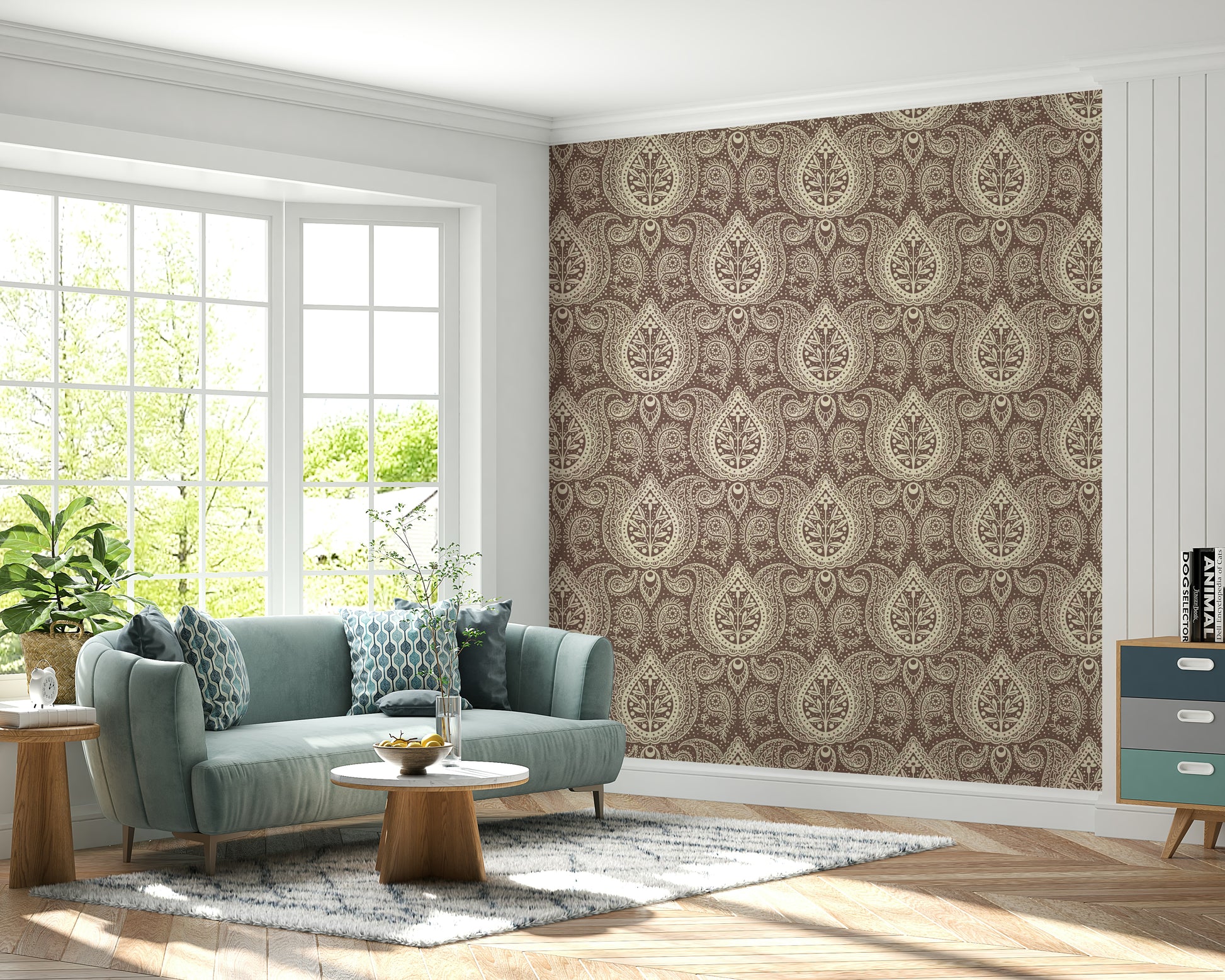 Warm brown wallpaper with botanical motifs

