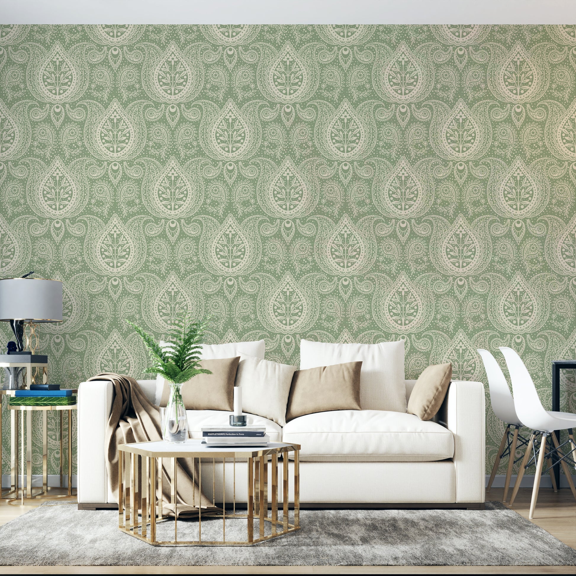 Vintage botanical paisley wallpaper in sage

