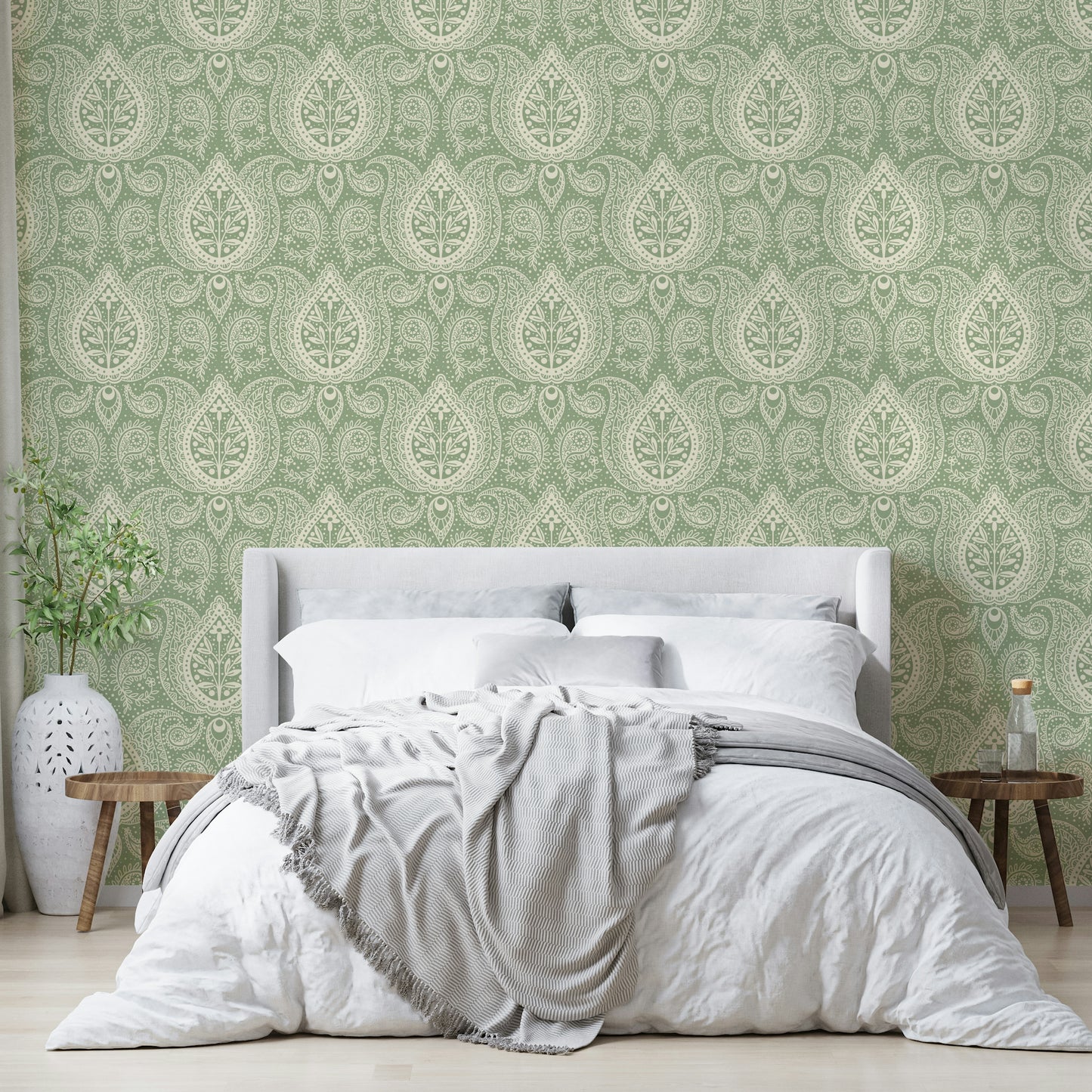 Refined paisley design in botanical green tones

