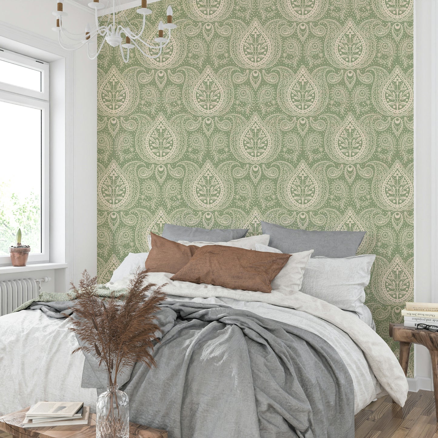Timeless paisley wallpaper in sage color scheme

