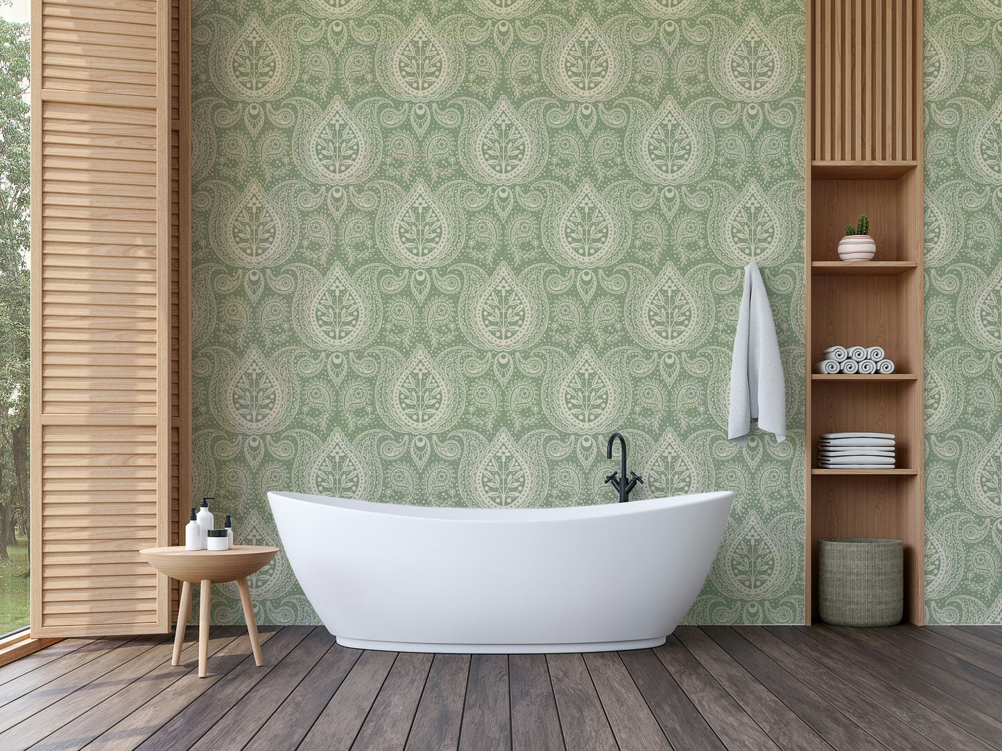Serene green wallpaper with botanical paisleys

