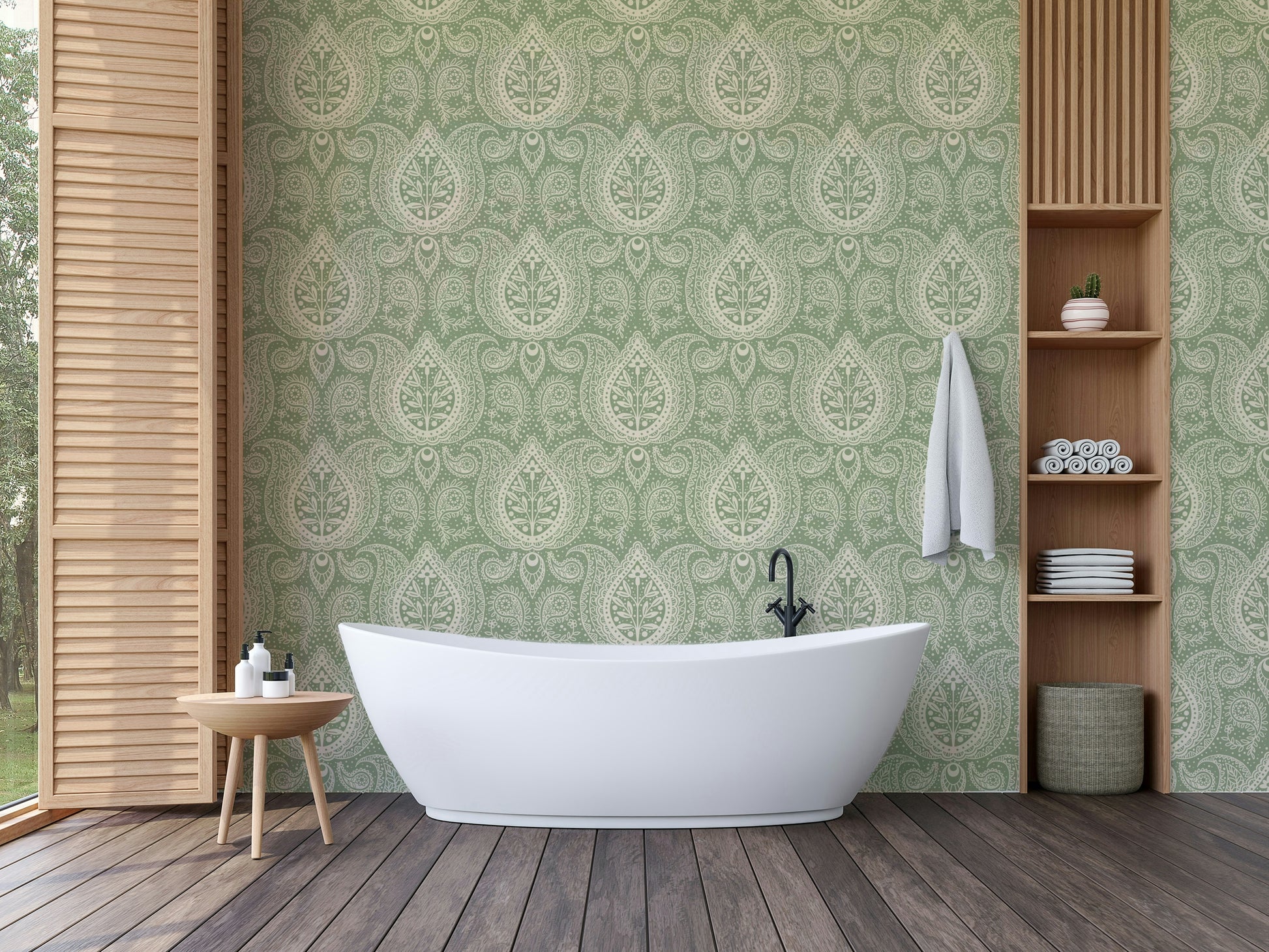 Serene green wallpaper with botanical paisleys

