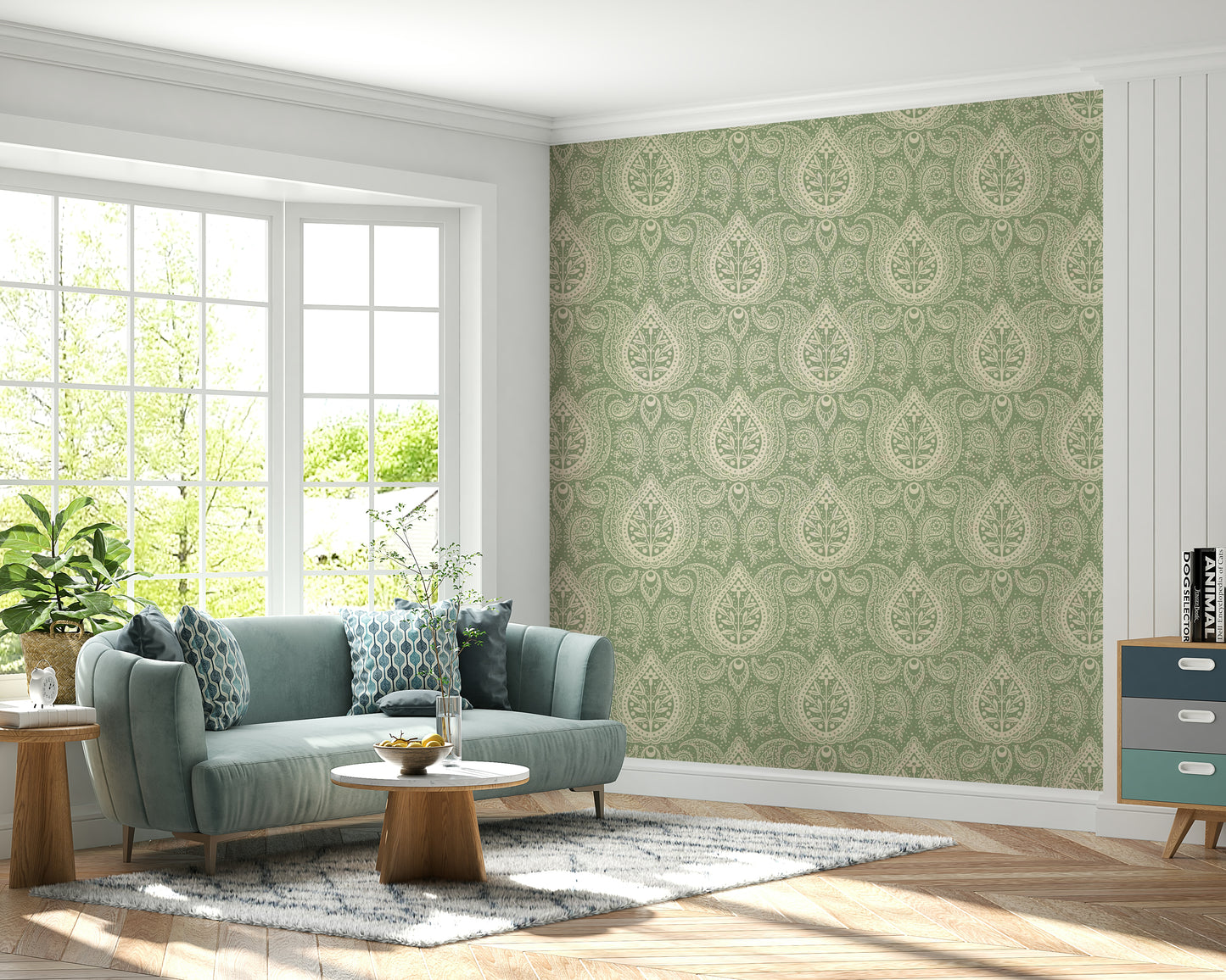 Classic sage wallpaper with fine paisley details

