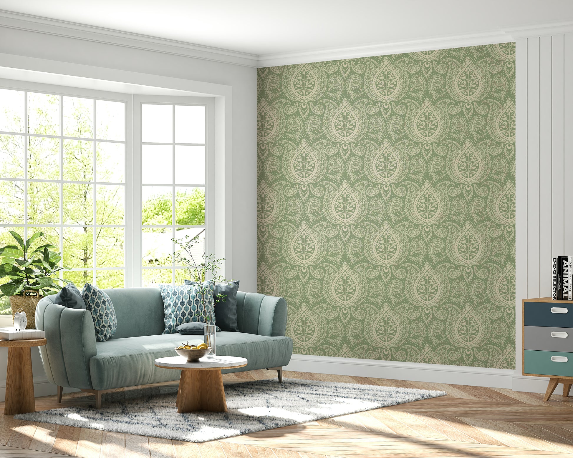 Classic sage wallpaper with fine paisley details

