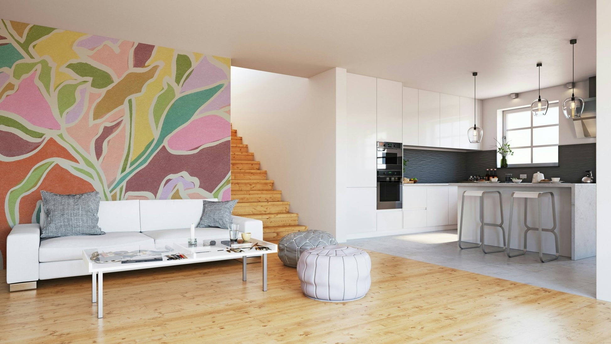 The room's lighting highlights the serene, quiet feel of the mural.


