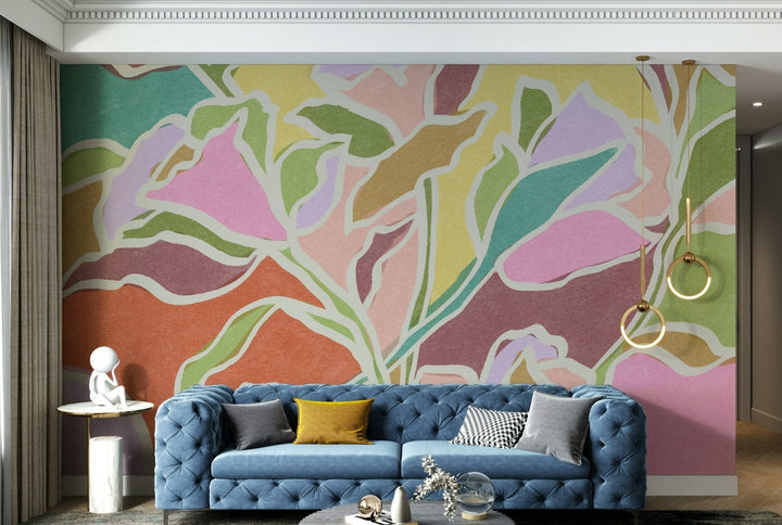 A wall mural featuring a peaceful, natural botanical scene.

