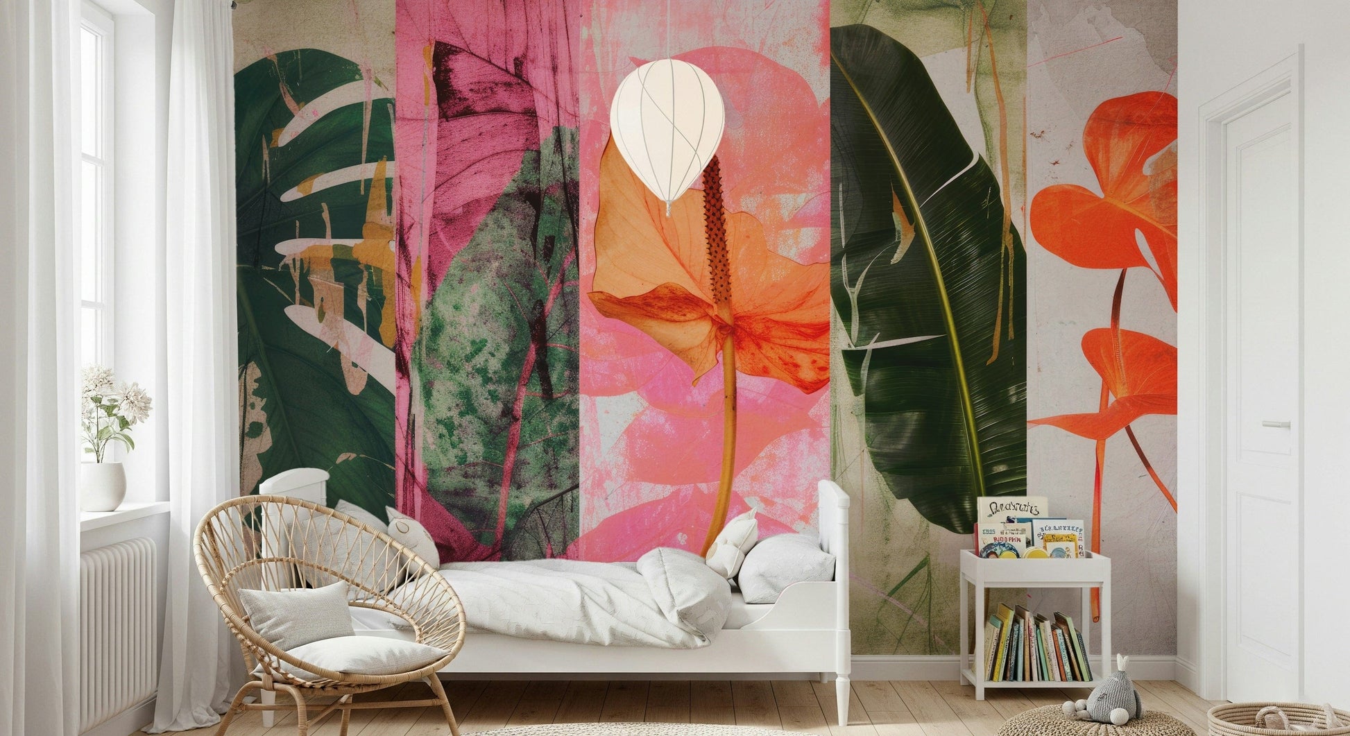 An artistic botanical patchwork mural on minimalist wallpaper.

