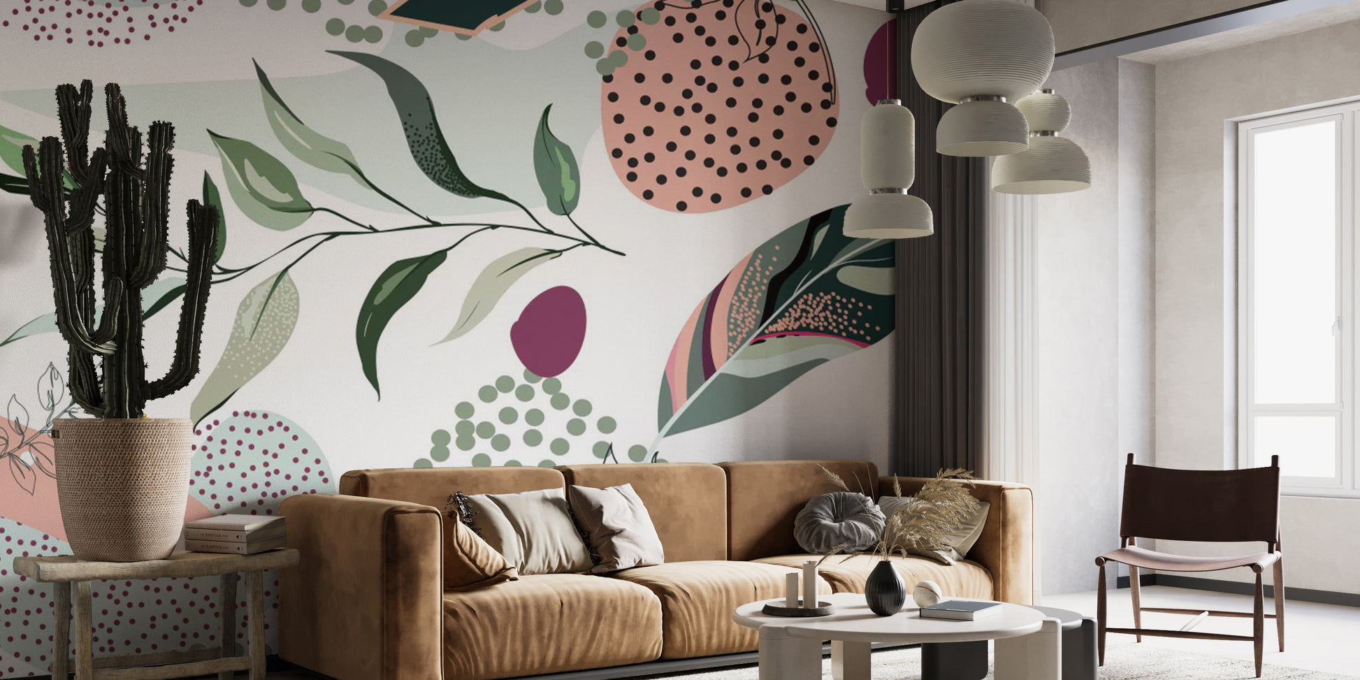 Artistic botanical pattern abstract leaves wallpaper with gold accents.