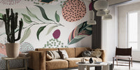 Artistic botanical pattern abstract leaves wallpaper with gold accents.