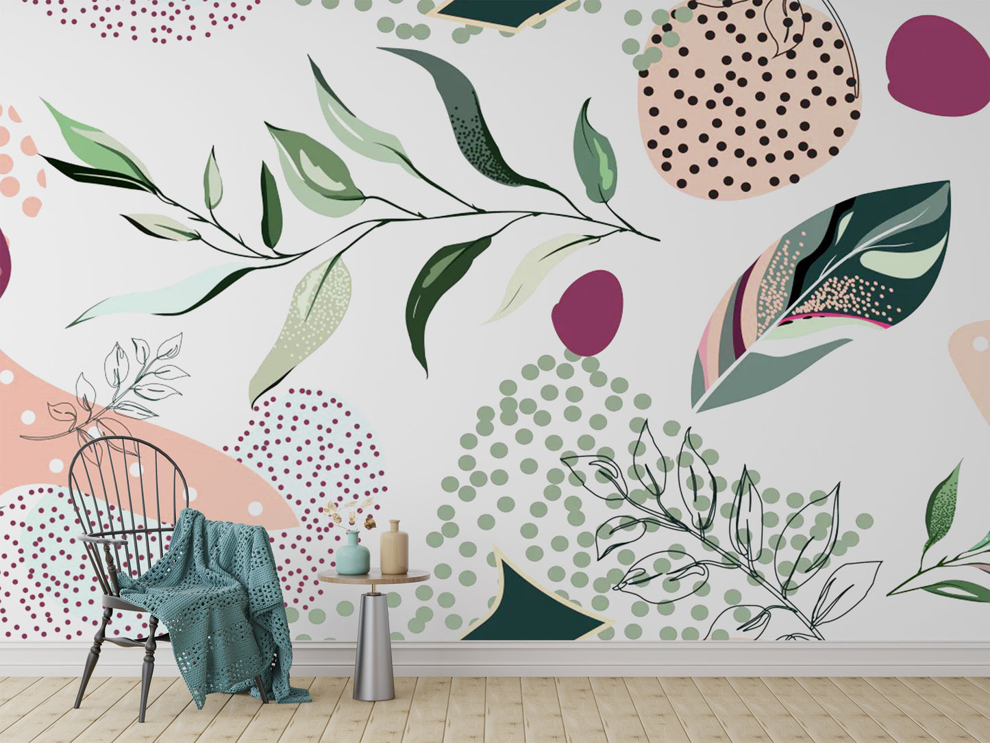 Monochrome black and white botanical wallpaper for a bold feature wall.