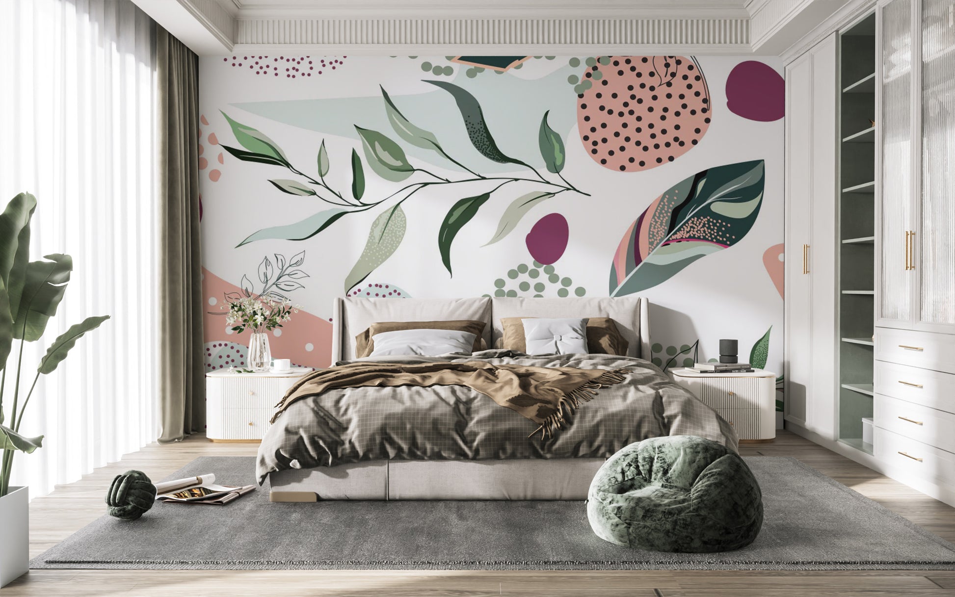 Modern abstract leaves bedroom wall mural with a textured matte linen finish.