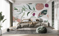 Modern abstract leaves bedroom wall mural with a textured matte linen finish.