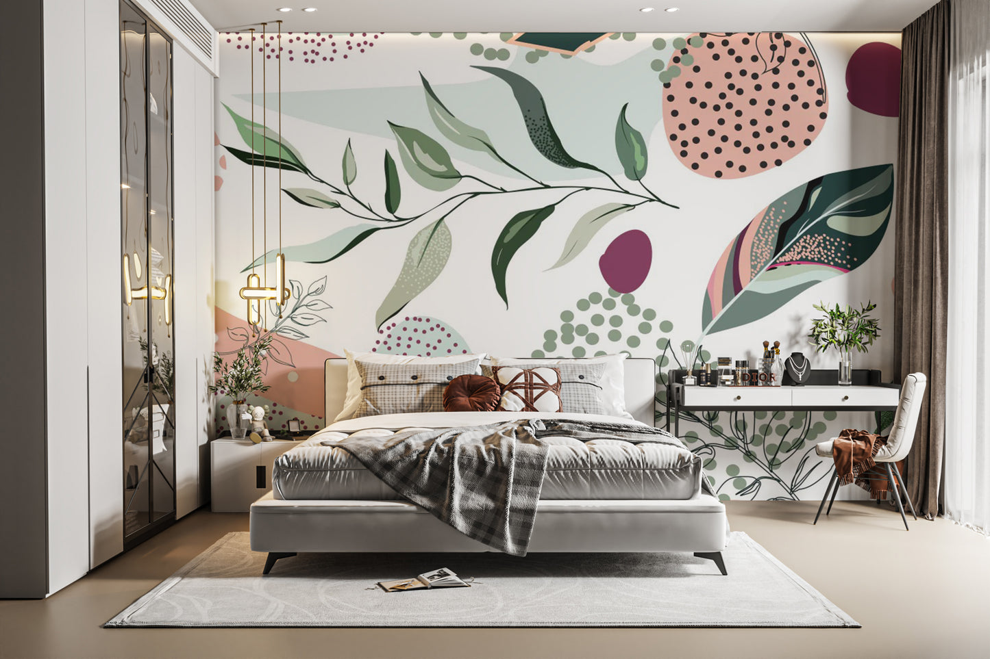 Earthy terracotta and beige botanical bedroom wall mural for a warm backdrop.