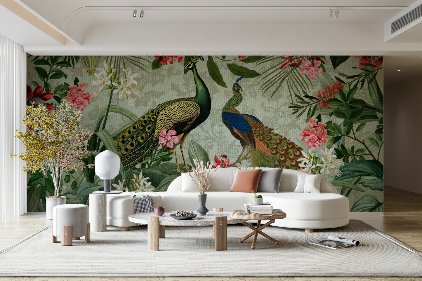 Artistic wallpaper with peacock motifs

