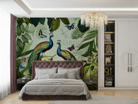 Floral wallpaper with peacock motifs

