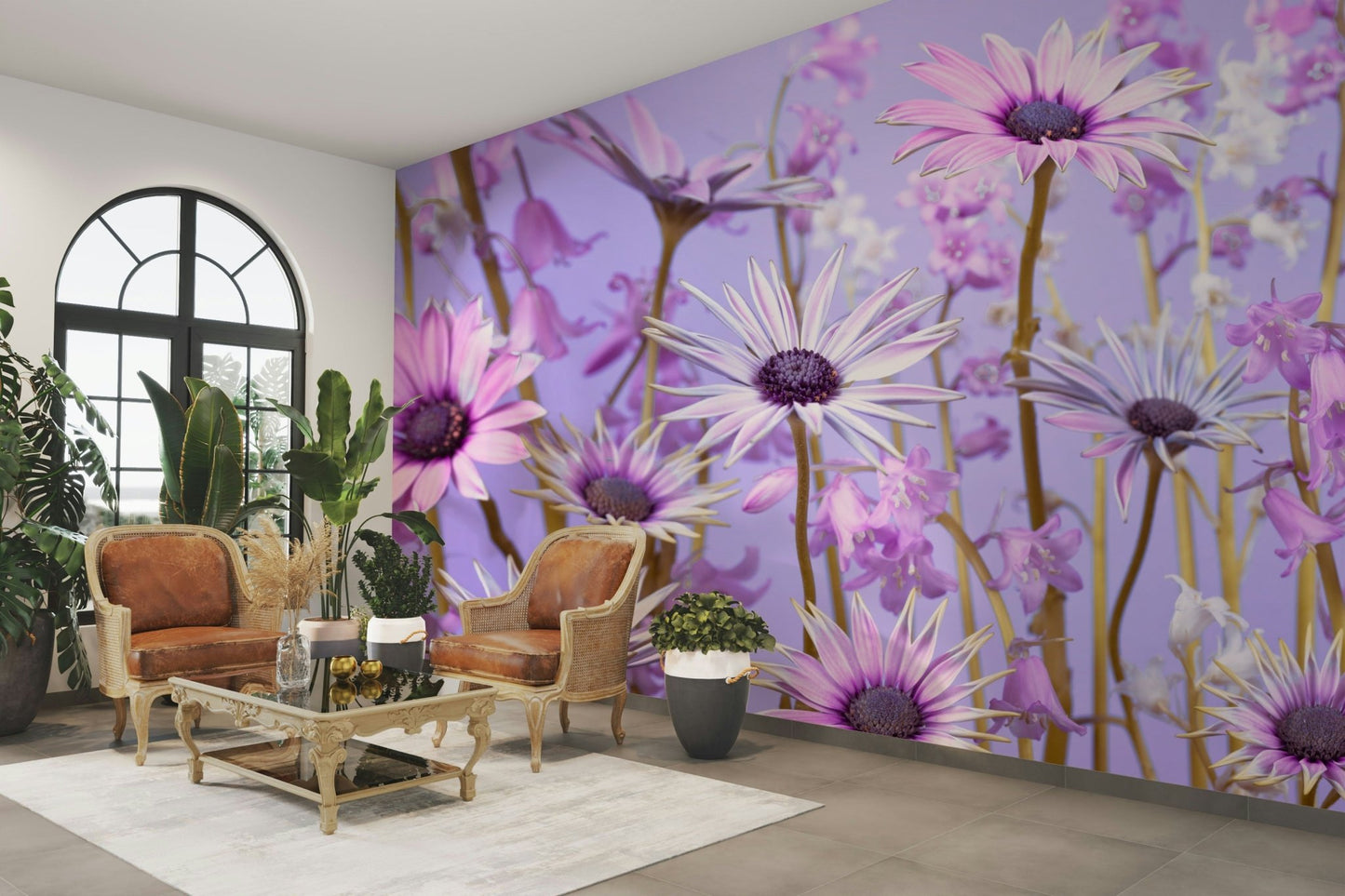 Serene botanical wall mural with lush greenery and detailed leaves.

