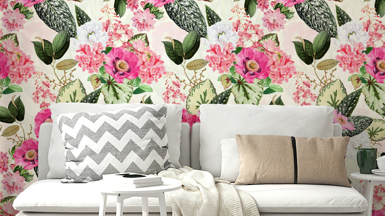 Botanical Rhapsody wallpaper featuring delicate flowers and leaves


