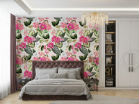Soft green and pink floral designs in Botanical Rhapsody wallpaper

