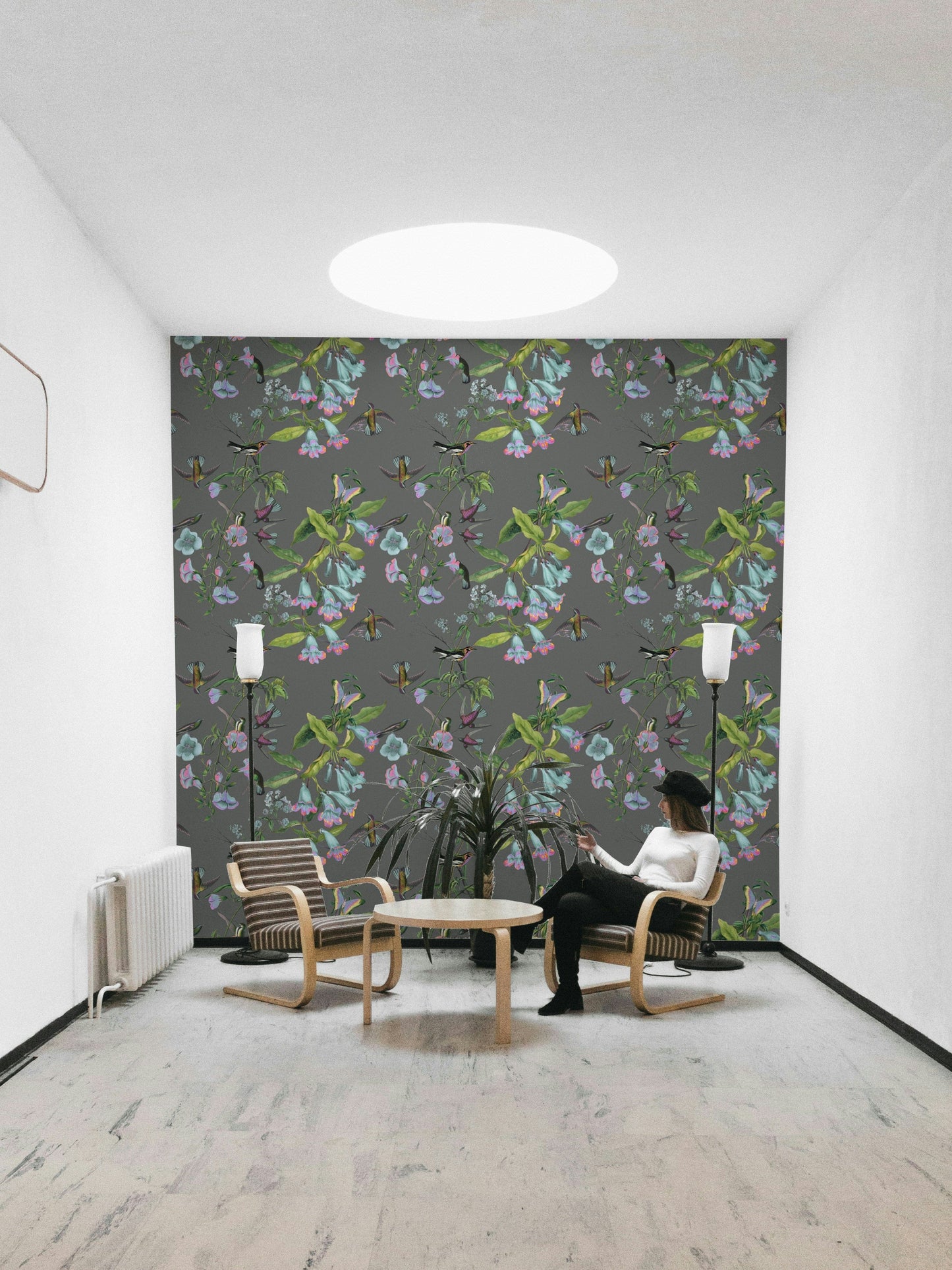 A graceful subtle bloom wall mural in cool, natural tones.

