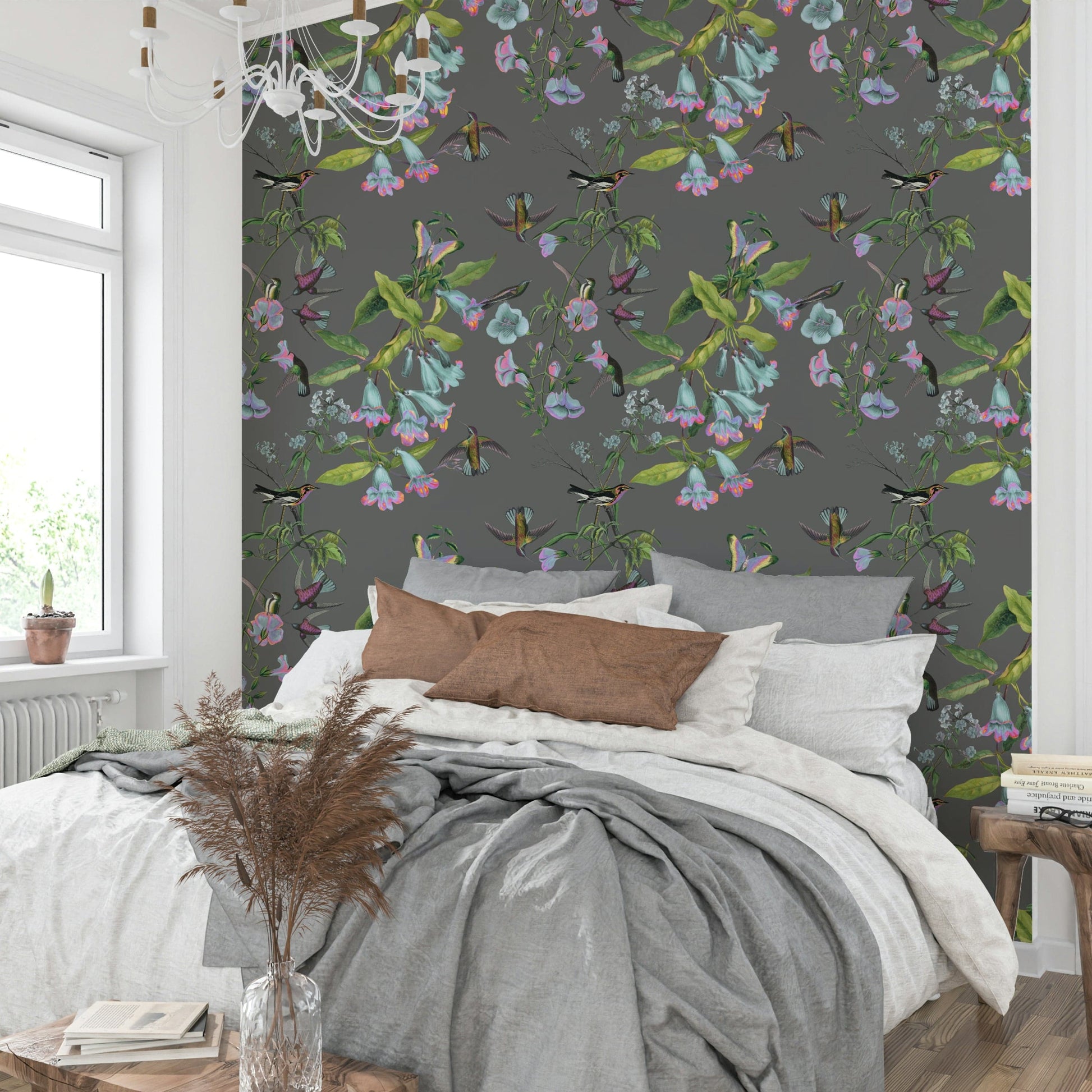 An artistic leafy pattern mural on minimalist wallpaper.

