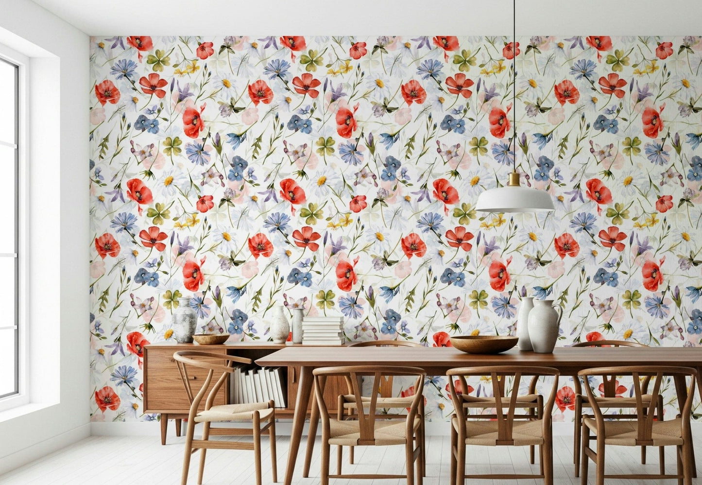 Seamless Botanical Serenity wallpaper design with painted meadow flowers scatter.
